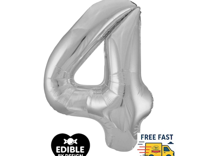 Giant Silver Number 4 Foil Balloon - Unique - 34" high max Age 4 Balloon for Helium or Air