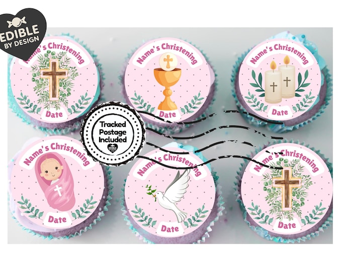 Pink Christening Cake Toppers Edible icing or wafer printed with edible ink matching Invitations Stickers Balloon Party Pack