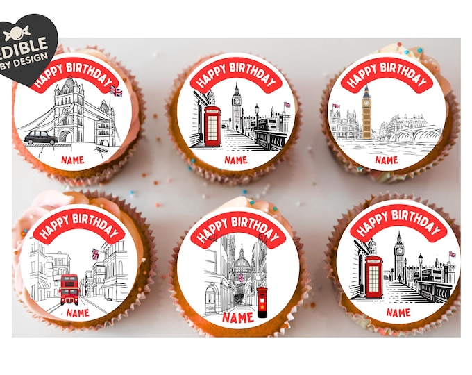 London Theme Birthday Cake Toppers Personalised with Name and age matching Foil Balloon available