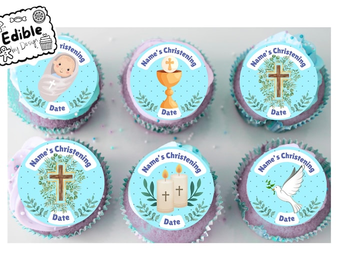 Christening 2" Cupcake Toppers x 15 Edible Circles printed with edible ink Personalised with Name and date of your choice Baby Boy Blue
