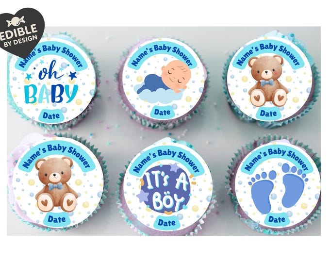 Personalised Baby Boy Shower Cupcake Toppers: Blue Baby Theme, Edible Ink on Icing or Wafer matching Stickers & Balloon available