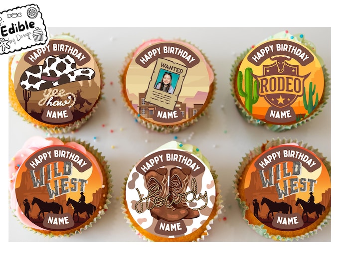 Personalised Rodeo Wild West Cupcake Toppers: Edible Icing or Wafer