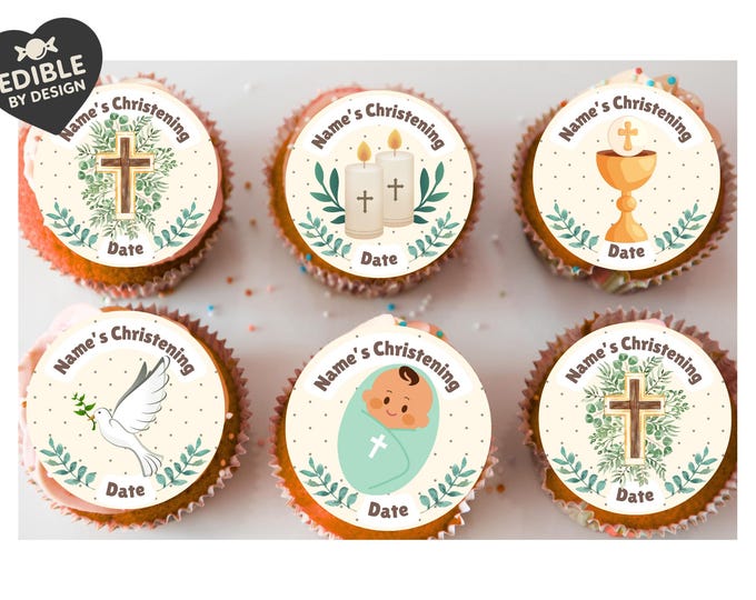 Christening Cake Toppers Personalised Name Neutral Colours matching Invitations Stickers Balloon Party Pack