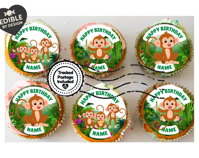 Cheeky Monkey Theme Personalised Birthday Cake Toppers Icing or Wafer