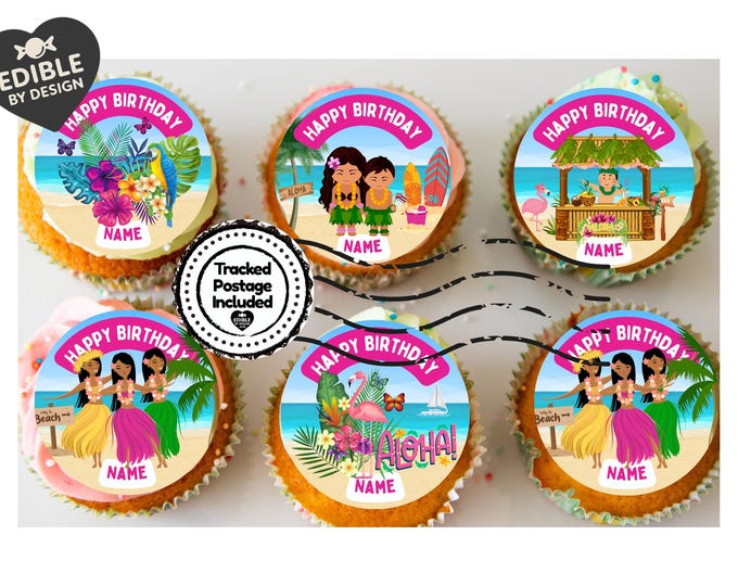 Hawaii Tropical Theme Birthday Cupcake Toppers Edible Circles matching Invitations Stickers Balloon Party Pack