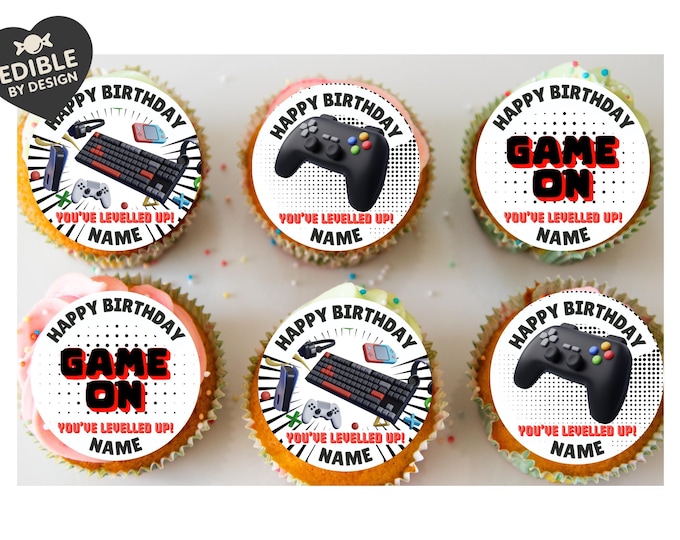 Personalised Gamer Theme Birthday Cake Toppers Edible matching Invitations Stickers Balloon Party Pack