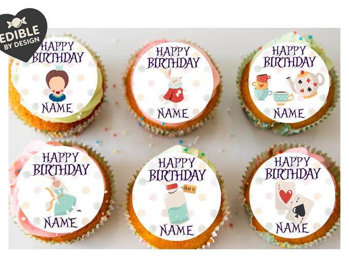 Personalised Alice in Wonderland Birthday Cake Toppers matching Invitations, Stickers, Foil Balloon, Party Pack