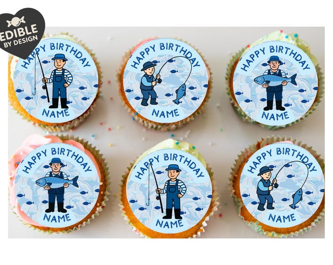 Personalised Fishing Cake Toppers: Edible Icing or Wafer - Stickers, Invitations, Foil Balloon