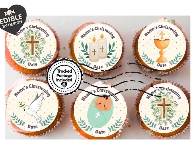 Christening Cake Toppers Personalised Name Neutral Colours matching Invitations Stickers Balloon Party Pack