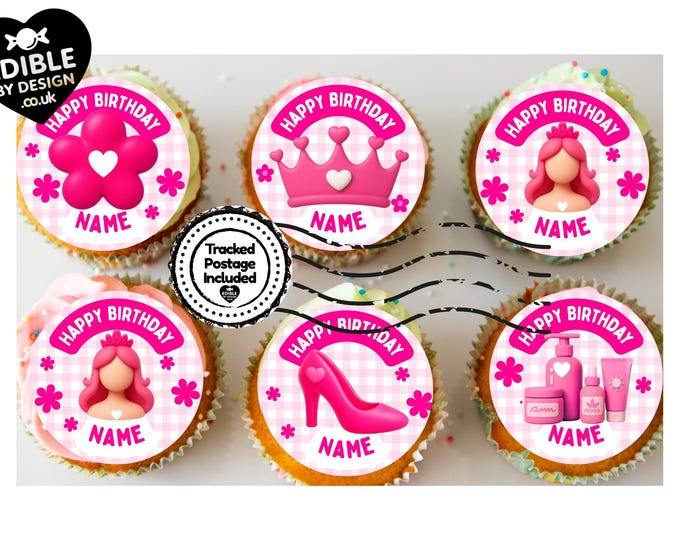 Pink Girl Theme Cupcake Toppers: Edible Icing or Wafer matching Invitations Stickers Balloon Party Pack