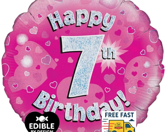 Pink Foil Happy 7th Birthday Balloon - Oaktree UK - 18" round Balloon for Helium or Air