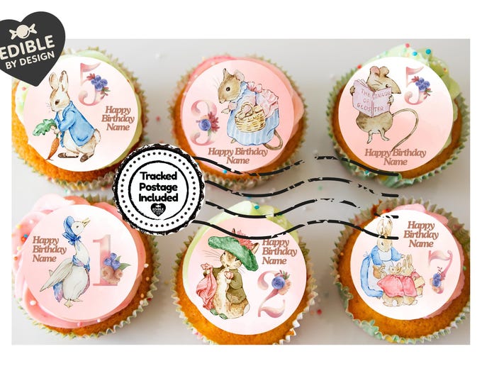 Beatrix Potter Pink Personalised Birthday Cake Toppers Edible Circles matching Invitations Stickers Balloon Party Pack