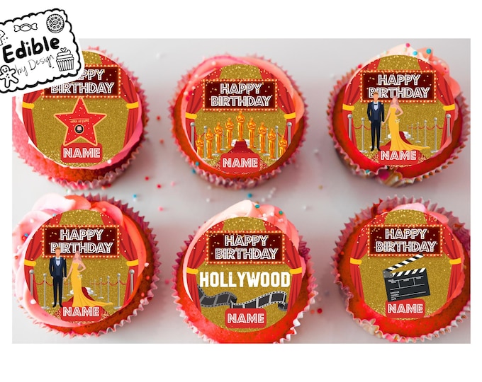 Hollywood Theme Birthday Personalised Cupcake Toppers Edible Circles printed with edible ink. Red Carpet Oscar decoration cupcakes 2" 3" 4"