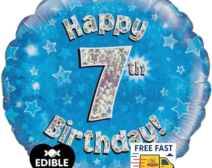 Blue Foil Happy 7th Birthday Balloon - Oaktree UK - 18" round Balloon for Helium or Air