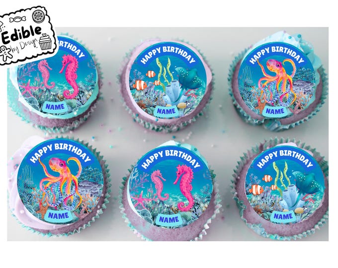 Under The Sea Theme Personalised Birthday 2" Cupcake Toppers x 15 Edible Circles printed with edible ink.  Fish Seahorse decoration cupcakes