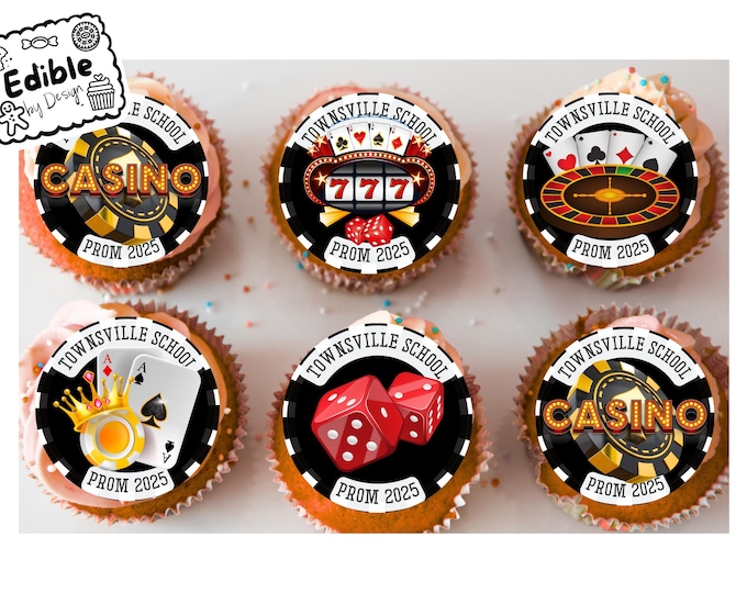 Prom Casino Theme Personalised 2" Cupcake Toppers x 15 Edible Circles printed with edible ink. Cards Chips Dice decoration cupcakes.