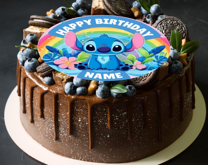 Stitch Tropical Theme Birthday Large Cake Topper Edible Circle printed with edible ink Personalised Name Age 5" 5.5" 6" 8" Icing Wafer Paper