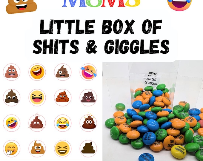 MATURE Little Box of Shits and Giggles Chocolate M&Ms Printed with various shits and You're all out of shits sticker inside Funny gift