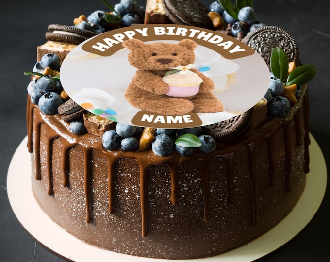 JellyCat Bartholomew Bear Theme Birthday Large Cake Topper Edible Circle printed with edible ink personalised Name Age 5" 6" 8" Icing Wafer