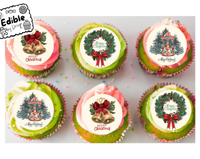 Happy Christmas Traditional Style Cupcake Toppers Edible Circles printed with edible ink. Perfect for Festive Christmas Cupcakes 2" 3" 4"