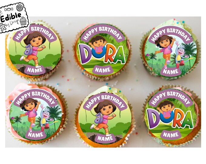Dora the Explorer Birthday Party Cupcake Toppers Edible Circles printed with edible ink Personalised Name and Age your choice 2" 2.5" 3" 4"