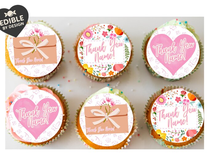 Thank You Personalised Cake Toppers: Floral Design Edible Image Circles on Icing or Wafer