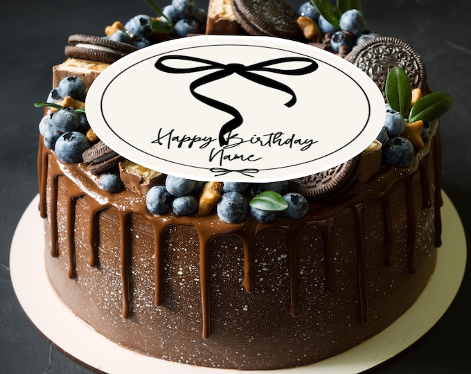 Black Ribbon Bow on Cream Round Large Cake Topper Edible Circle printed with edible ink Personalised Name Age 6" 6.5" 7" 8" Icing Wafer