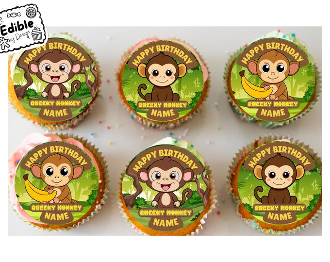 Cheeky Monkey Theme Personalised Birthday Cupcake Toppers Icing or Wafer Edible Circles printed with edible ink