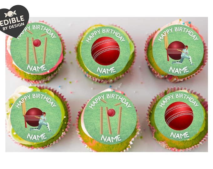 Cricket Birthday Cake Toppers Edible Icing Wafer Personalised Name and Age Matching Stickers Balloon Invitations Pack