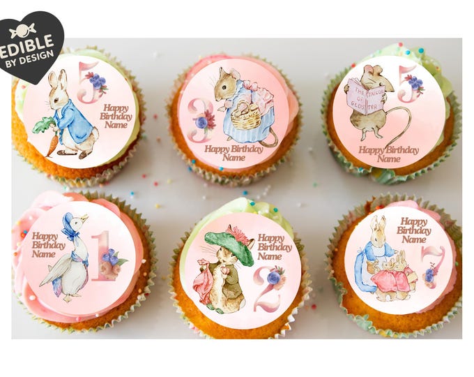 Beatrix Potter Pink Personalised Birthday Cake Toppers Edible Circles matching Invitations Stickers Balloon Party Pack