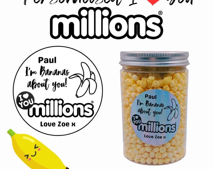 Banana I Love You Millions - Round Jar Personalised with your choice of names on sticker - Cute Gift Perfect Birthday, Anniversary, New Job