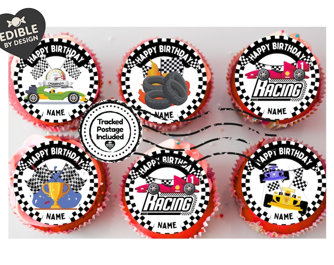 F1 Race Car Theme Birthday Cupcake Toppers Edible Circles matching Invitations Stickers Balloon Party Pack