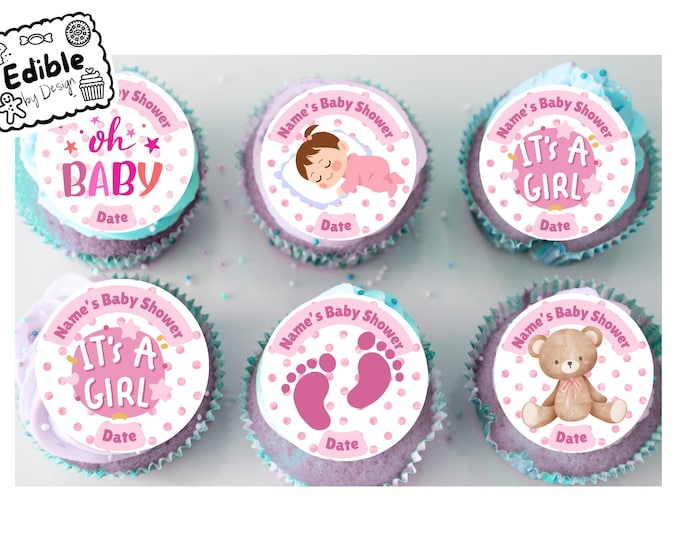 Baby Shower Girl Pink Party 2" Cupcake Toppers x 15 Edible Circles printed with edible ink Personalised with Name and date of your choice
