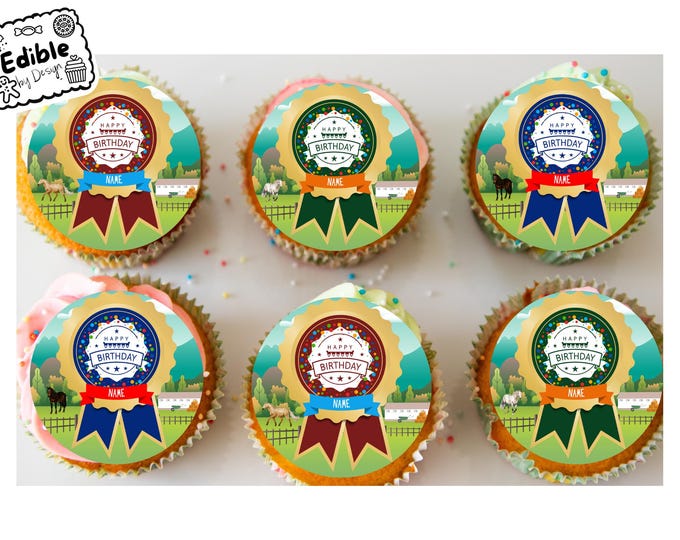 Rosette Design Pony Horse Equestrian Personalised Birthday Cupcake Toppers Edible Circles edible ink