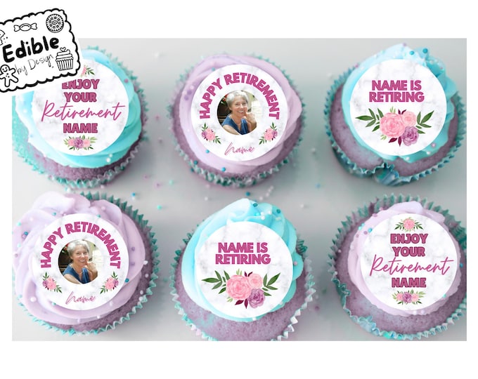 Work Retirement Feminine 2" Cupcake Toppers x 15 - Edible Circles printed with edible ink.  Personalised with Name & Photo of your choice!