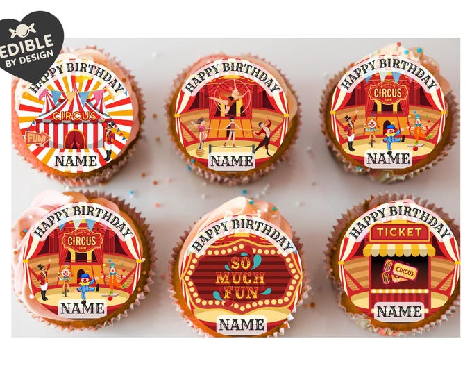 Circus Big Top Clown Acrobat Personalised Birthday Cake Toppers matching Invitations Stickers Balloon Party Pack