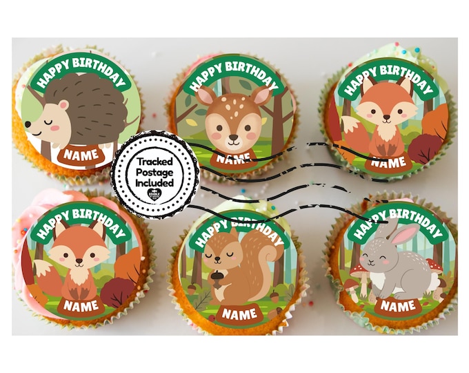 Personalised Forest Animal Cake Toppers: Edible Icing or Wafer matching Invitations Stickers Balloon Party Pack