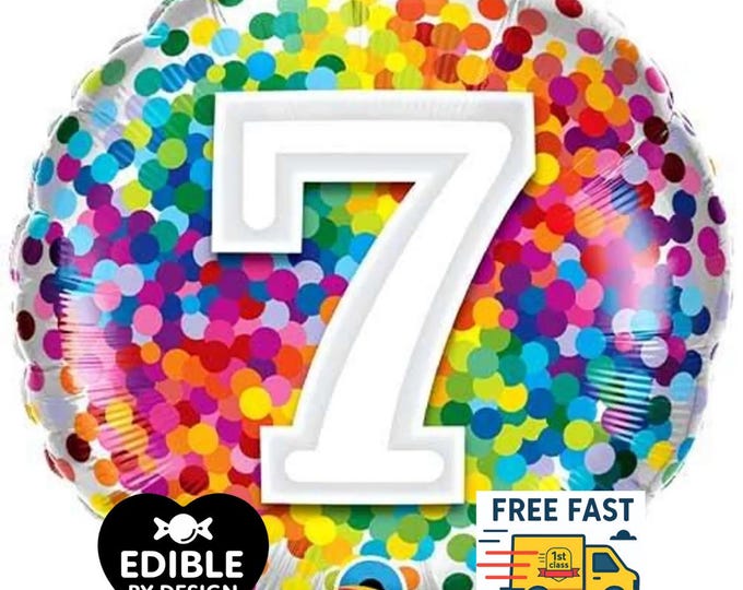 Rainbow Confetti Foil Number 7 Balloon - Qualatex - 18" round Balloon for Helium or Air