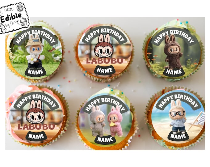 Labubu Doll Theme Birthday Party Cupcake Toppers Edible Circles printed with edible ink Personalised with Name of your choice 2" 2.5" 3" 4"