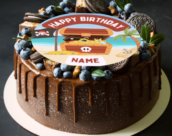 Pirate Theme Round Birthday 8" Cake Topper x 1 Edible Circle printed with edible ink Personalised with Name of your choice Pirate Party
