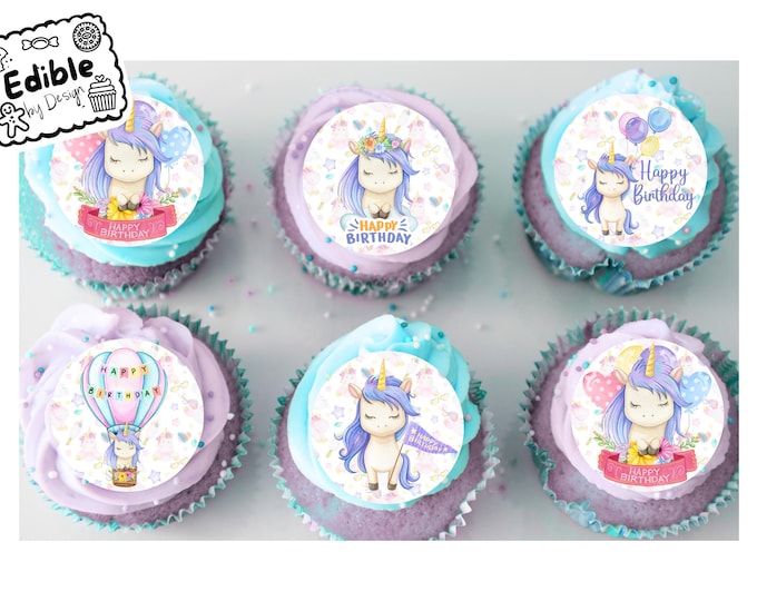 Unicorn Birthday 2" Cupcake Toppers x 15 - Edible Circles printed with edible ink Cute Fun theme perfect for baby, toddler or child