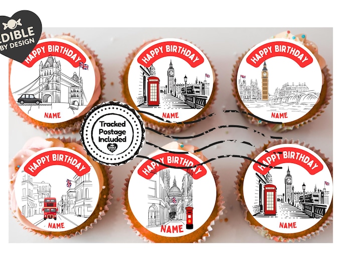 London Theme Birthday Cake Toppers Personalised with Name and age matching Foil Balloon available