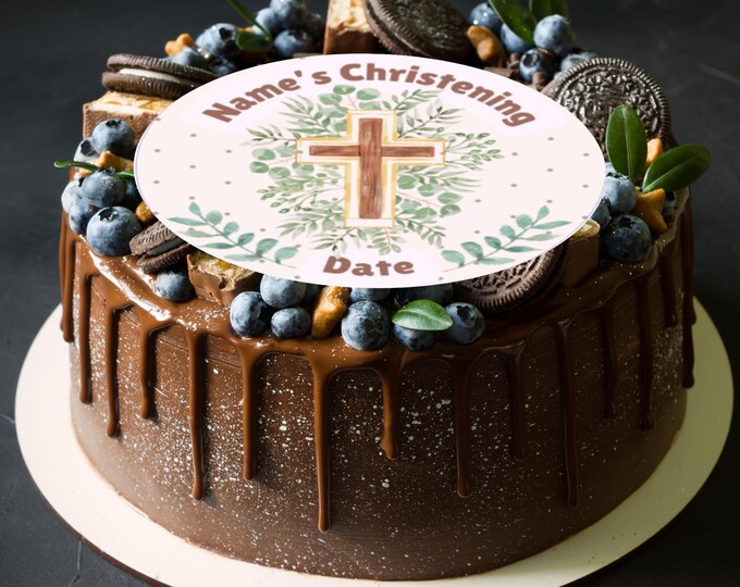 Christening 8" Round Cake Topper x 1 Edible Circle printed with edible ink Personalised with Name and date of your choice Neutral Colours