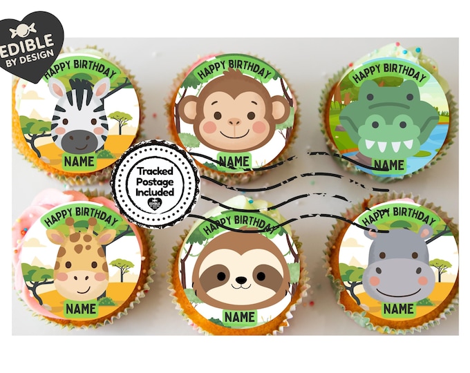 Personalised Zoo Animal Cake Toppers: Edible Birthday Party Decoration in Icing or Wafer matching Invitations Stickers Balloon Party Pack