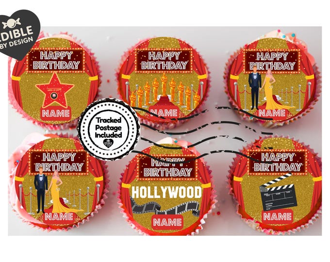 Personalised Hollywood Theme Cake Toppers: Red Carpet Oscar Theme Icing or Wafer matching Invitations Stickers Balloon & Party Pack