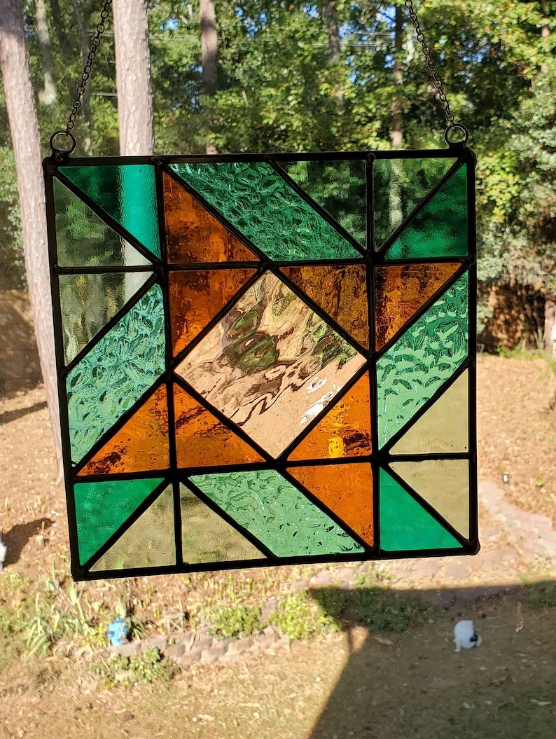 Stained Glass Square Panel, Geometric, Quilt, Suncatcher, Window Art
