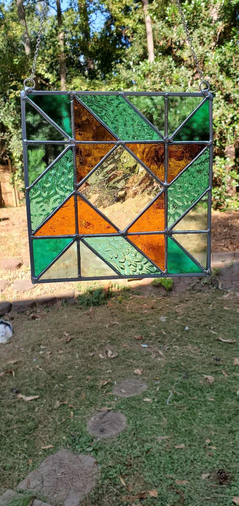 Stained Glass Square Panel, Geometric, Quilt, Suncatcher, Window Art