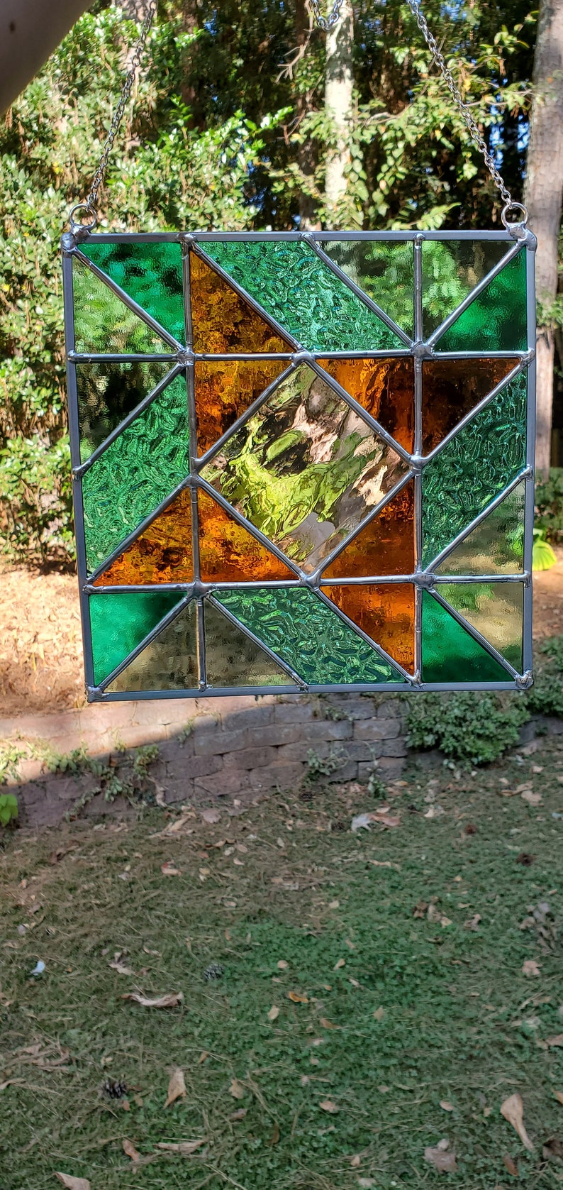 Stained Glass Square Panel, Geometric, Quilt, Suncatcher, Window Art