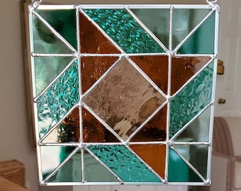 Stained Glass Square Panel, Geometric, Quilt, Suncatcher, window art, home decor, gift for her, boho, window hanging, southwest, quilt