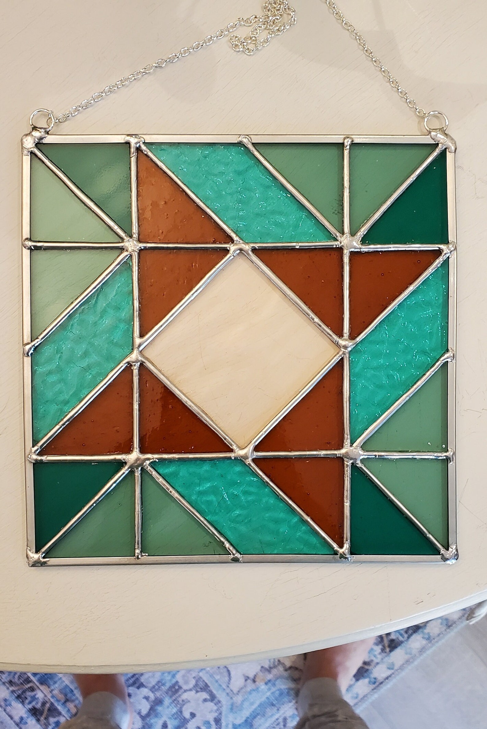 Stained Glass Square Panel, Geometric, Quilt, Suncatcher, Window Art